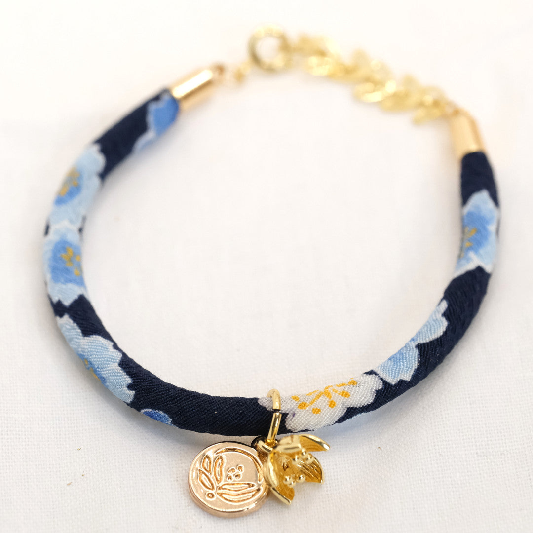 Sakura silk bracelet blue &quot;Yon&quot; with a cherry blossom
