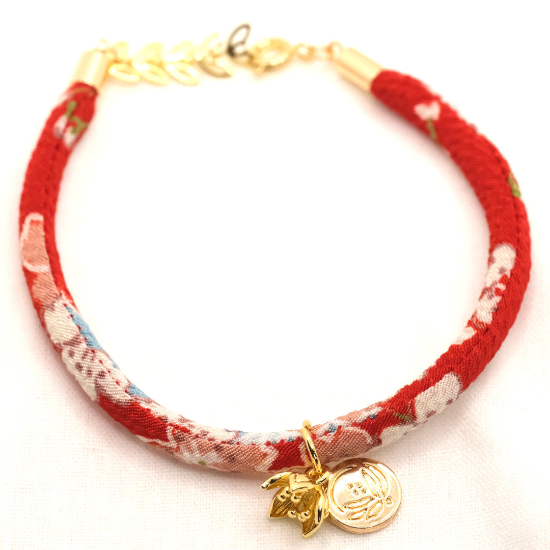 Japanese Sakura silk bracelet red &quot;Yon&quot; with a cherry blossom