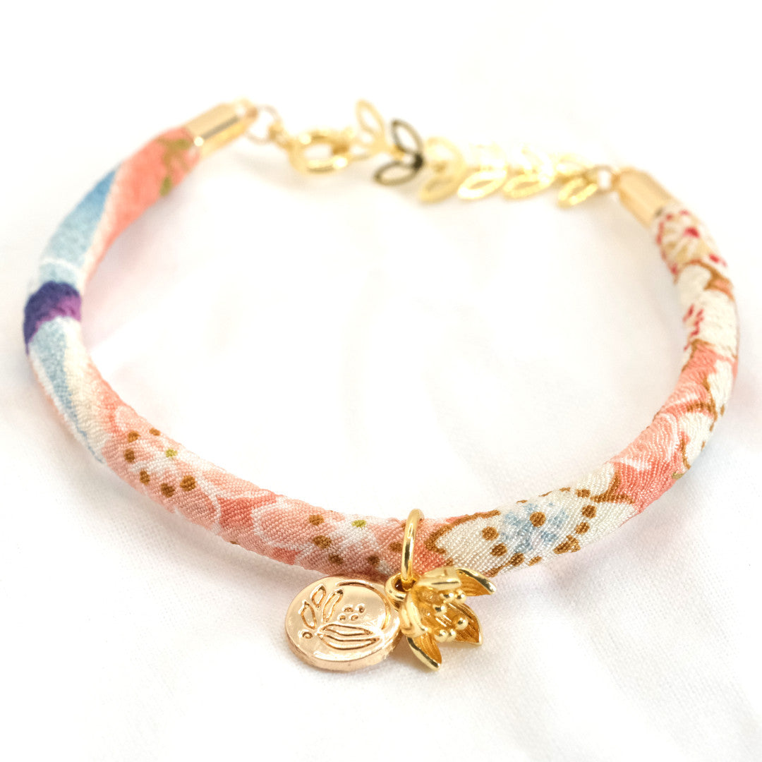 Japanese sakura silk bracelet pink &quot;Yon&quot; with a cherry blossom
